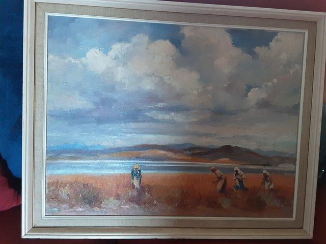 Preview of the first image of Tom Gifillan scottish artist oil/Figures Gathering Harvest.