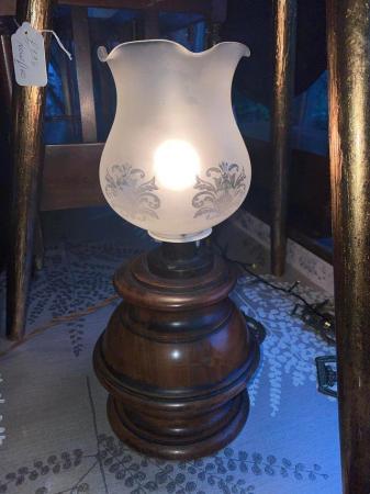 Image 2 of Vintage Hand Carved Wooden Table Lamp/ Glass Shade