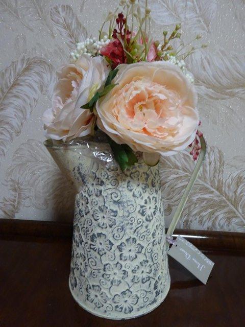 Preview of the first image of NEW VINTAGE STYLE METAL JUG WITH FLOWERS.