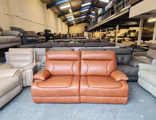 Preview of the first image of La-z-boy Raleigh tan brown leather manual 3 seater sofa.