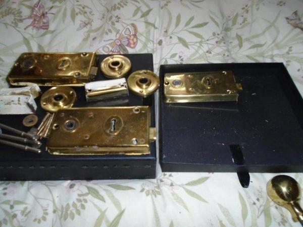 Image 3 of 3 Solid brass Legge vintage locks with key/plate/door knobs