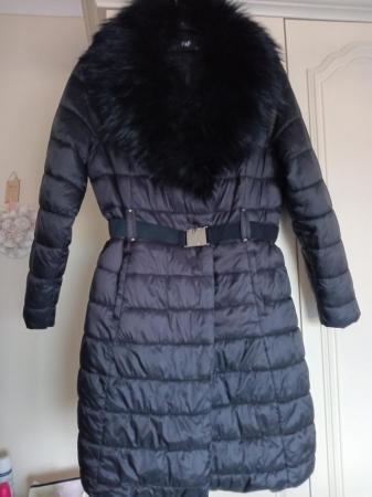 Image 1 of Long black coat with.detachable fur collar