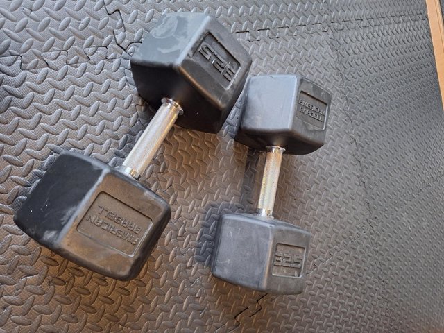 Preview of the first image of 32.5kg rubber dumbbell pair.