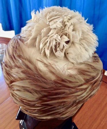 Image 3 of Ladies Vintage Brown and Beige Feather Hat (Size) 23 inches.