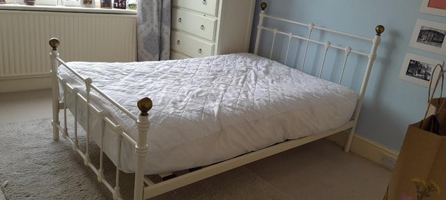 Image 1 of Small double, cream metal frame bed and mattress