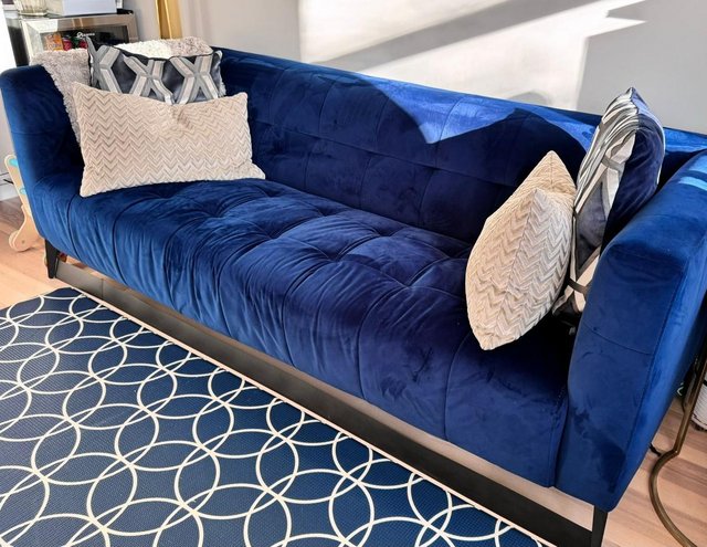 Preview of the first image of orgeous 3-Seater Blue Velvet Sofa in Excellent Condition.