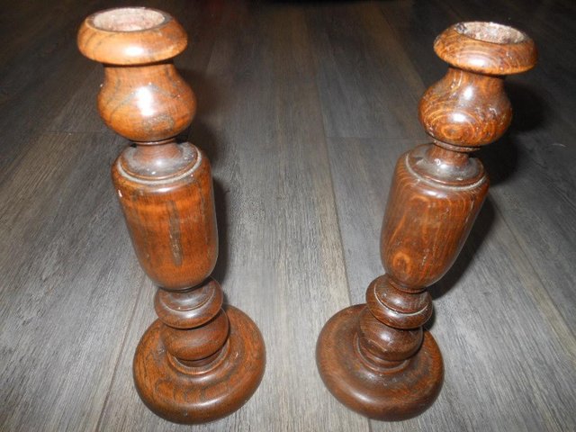 Preview of the first image of Candle Holders 10" Tall Pair Wooden Vintage.