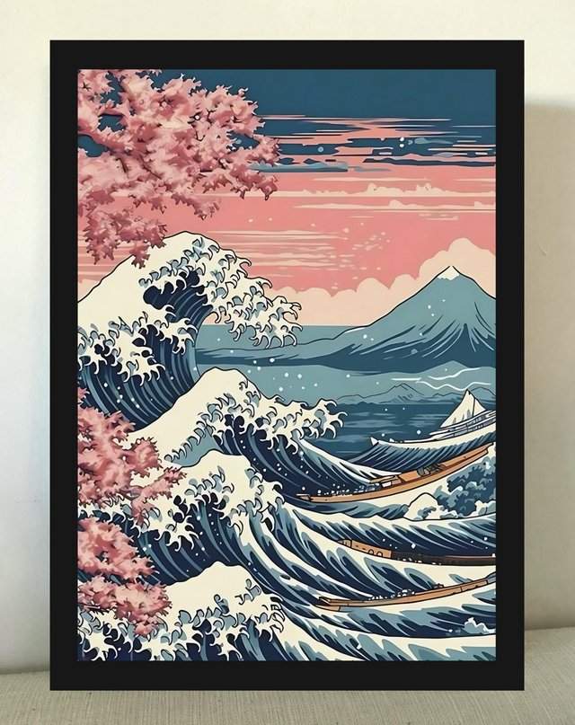 Preview of the first image of Japanese Wave Pink A3 framed print picture 34x45cm.
