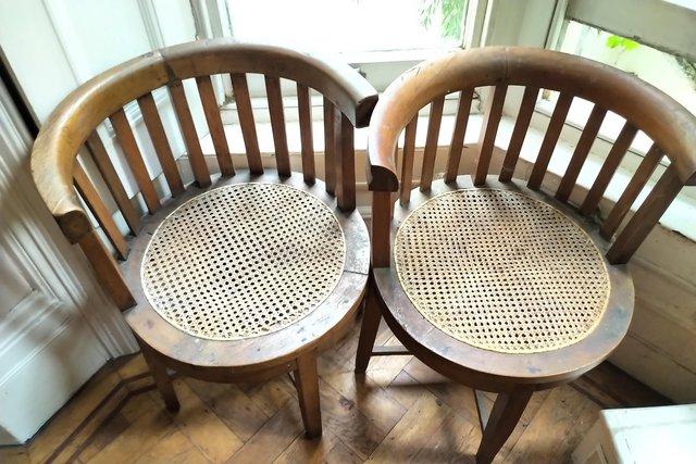 Image 2 of Antique Oak Captains Smokers Bow Chairs, Rattan Seat, x2