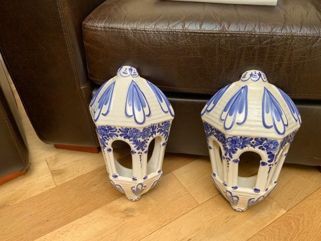 Preview of the first image of 2 Spanish hand painted ceramic garden lanterns for sale.