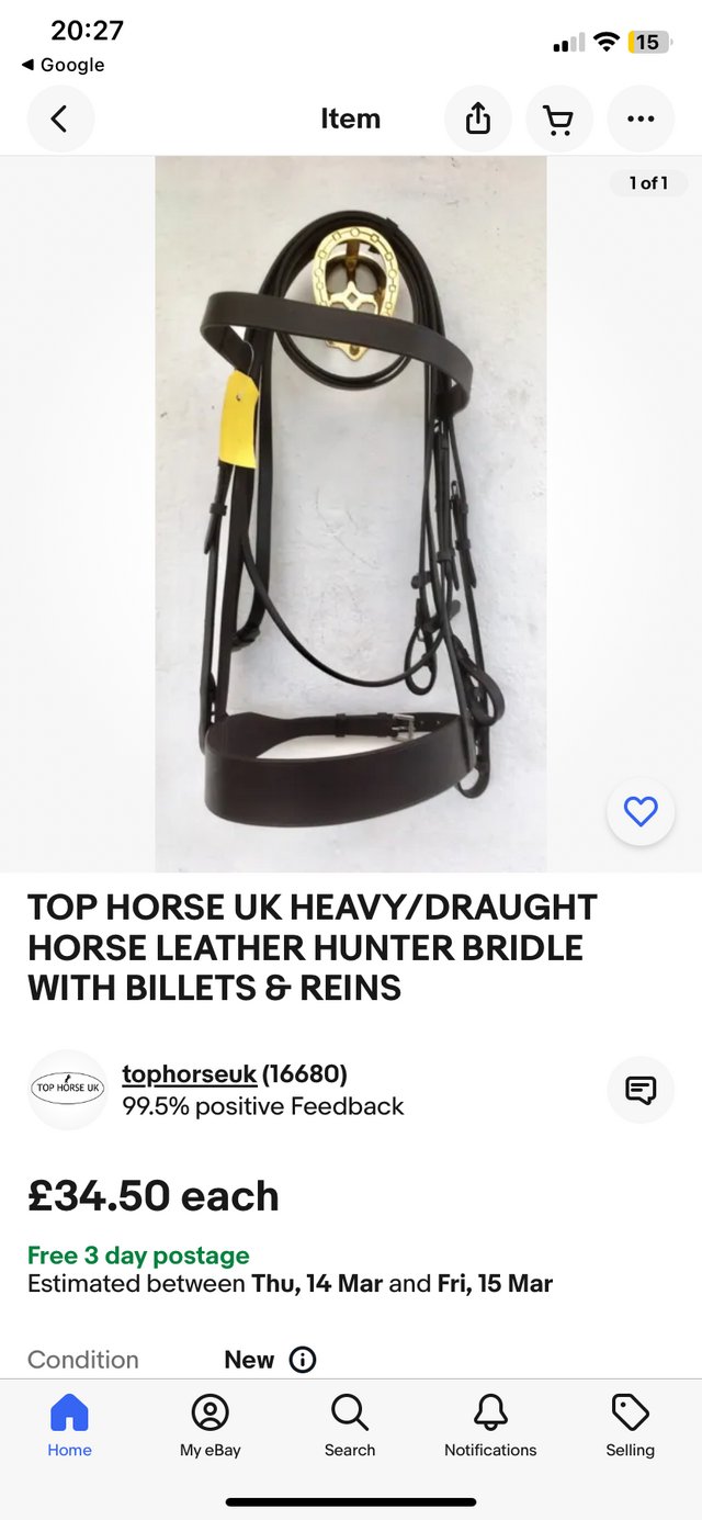 Preview of the first image of New Heavy horse / Draught Horse black leather hunter bridle.