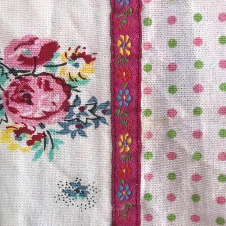 Image 2 of Pretty fabric panel, pinks/greens/roses/spots/embroidery.