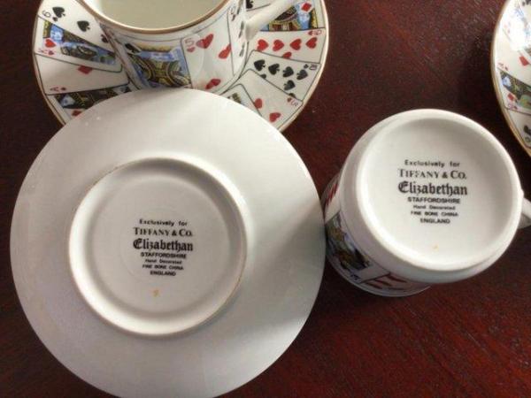 Image 1 of Made for Tiffany & Co. Staffordshire cups/saucers