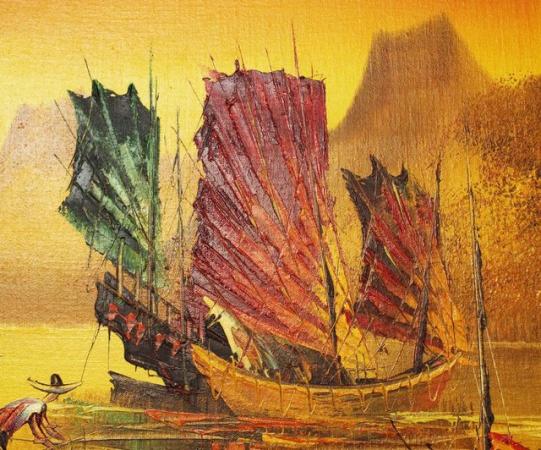 Image 3 of Asian Fishing / Harbour / Maritime / Junk Ship Painting