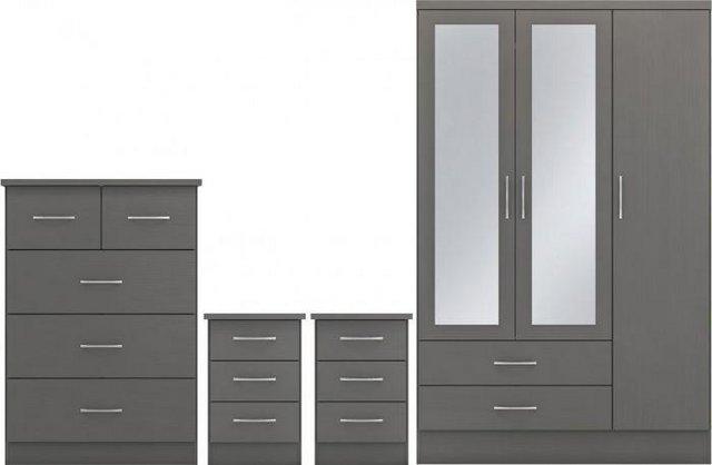 Preview of the first image of NEVADA 3 DOOR 2 DRAWER MIRRORED WARDROBE BEDROOM SET IN GREY.