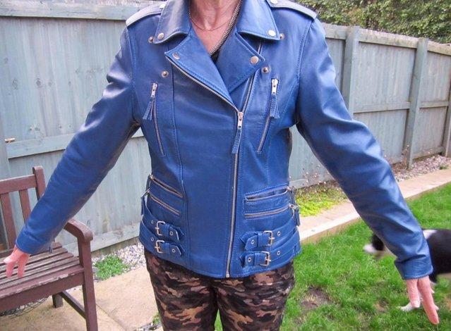 Preview of the first image of Ladies Leather Biker Jacket - Blue - Higgs of London - Size.