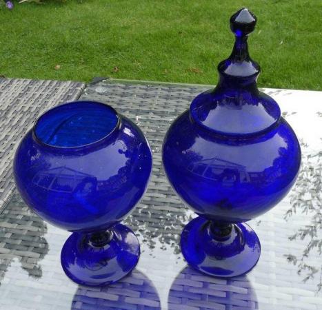 Image 3 of Two rich blue coloured display glass vases