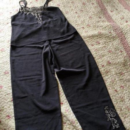 Image 1 of Sz 10/12 Posh PJs Set, Cami & Trousers, Dark Grey with Lace