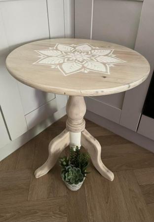 Image 1 of White washed pine table with a mandala print.