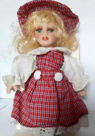 Image 2 of BOXED PORCELAIN DOLL - ROSIE - RED CHECK DRESS - 16 cm