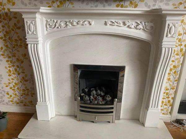 Image 1 of Marble fireplace fire surround hearth and kinder gas fire.