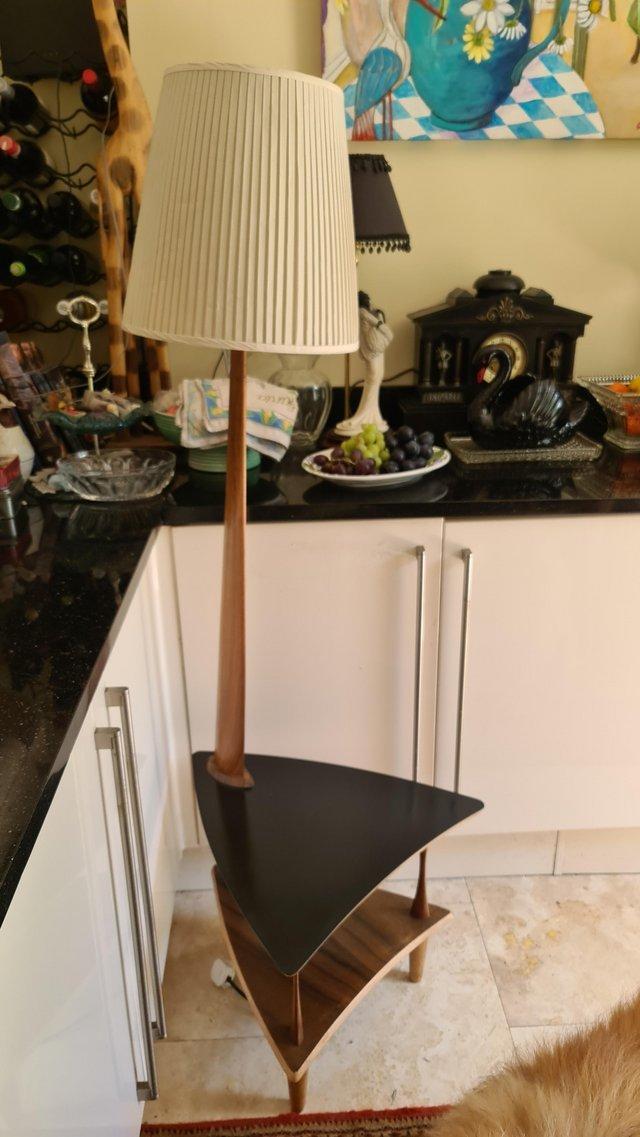 Preview of the first image of Retro MCM Unique Carved Wood & Ebonised Floor Lamp.