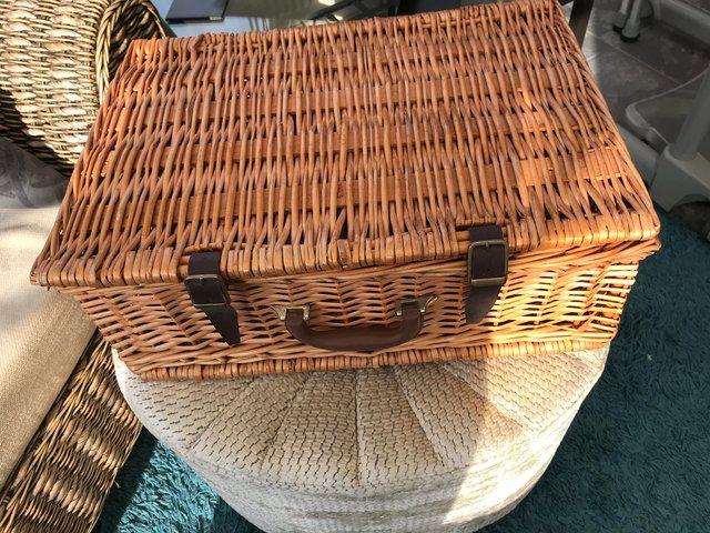 Preview of the first image of WICKER PICNIC HAMPER with LEATHER STRAPS.