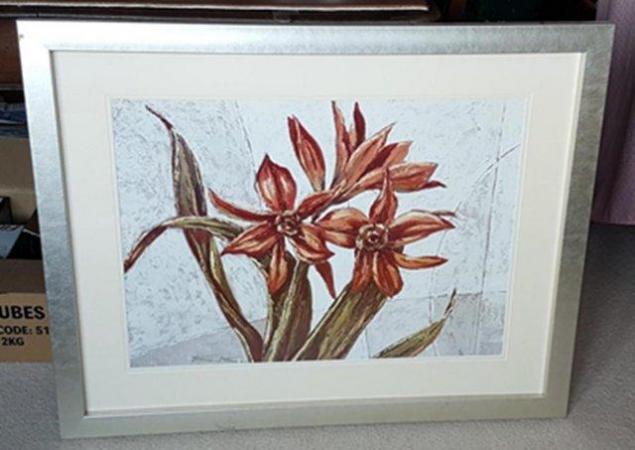 Image 1 of Large print in silver coloured frame, modern red flowers