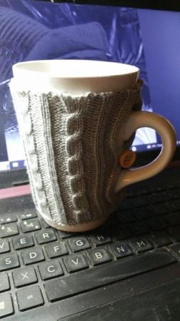 Image 1 of Brand new large white mug with knitted cover