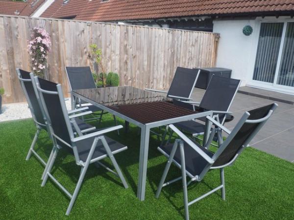 Image 1 of 7 Pce Garden Set w. 6 folding chairs & Tempered Glass table