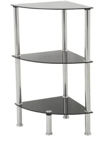 Image 1 of Black glass and chrome corner TV table and 2 corner shelves
