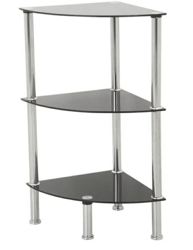 Preview of the first image of Black glass and chrome corner TV table and 2 corner shelves.