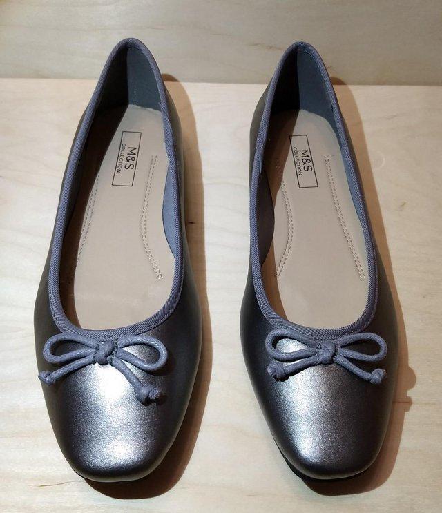 Preview of the first image of M&S Collection Women's Bow Square Toe Silver Metallic Pumps.