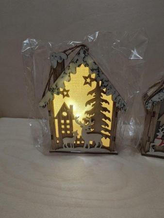 Image 12 of Set of 3 Hanging Christmas Wooden House with LED Warm Lights