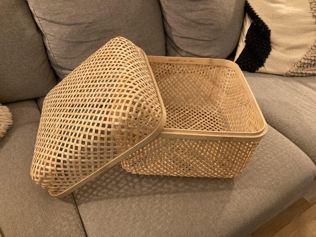 Preview of the first image of IKEA Smarra bamboo basket with lid.