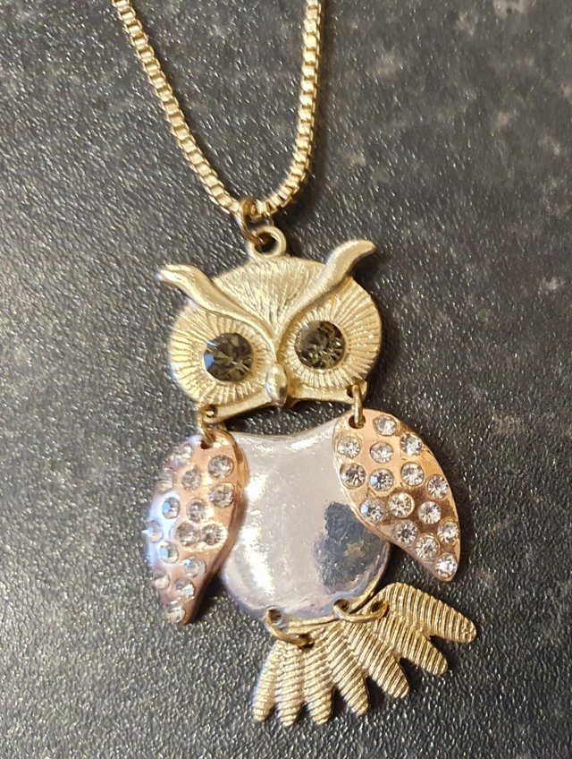 Preview of the first image of Gold & rose gold colour dimante moveable owl necklace.