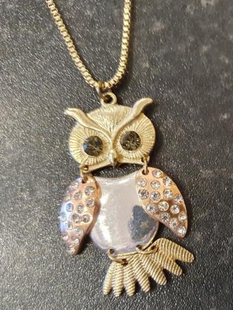 Image 1 of Gold & rose gold colour dimante moveable owl necklace