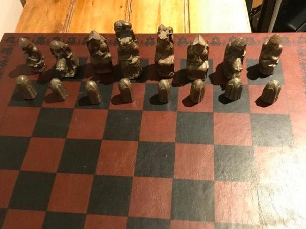 Image 2 of Antique Lewis style chess set with filled metal pieces