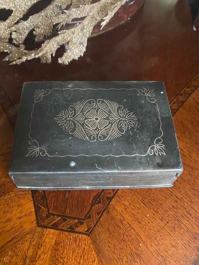 Preview of the first image of Antique pewter box with engraved  lid.
