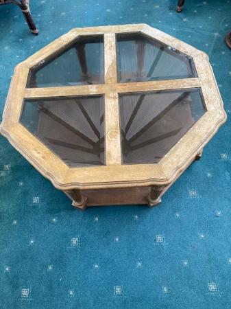 Image 2 of Octaganal Wood and Glass Coffee Table