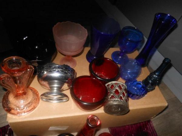 Image 2 of Glassware Coloured Dishes Bottles Candle Holder LOT