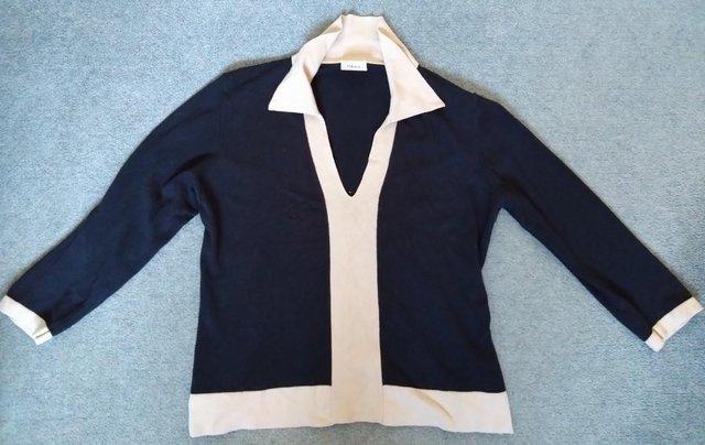 Image 1 of Next V-neck blue and white collared long-sleeved jumper- 14
