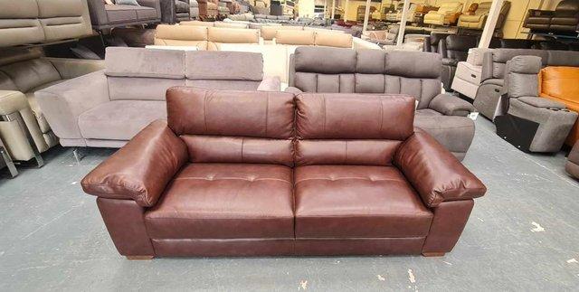 Image 5 of Oak Furniture Land Turin brown leather 3 seater sofa