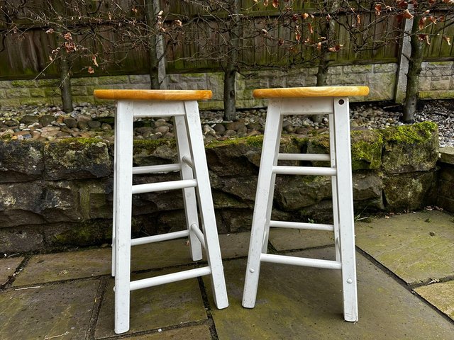 Preview of the first image of Bar stools x 2 white & natural wood.