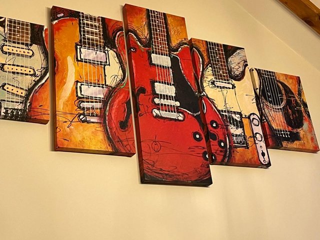 Preview of the first image of Large Five Piece Stretched Canvas Guitar themed Wall Art.