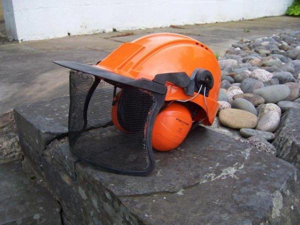 Image 1 of Chainsaw Helmet with face guard and ear protection.