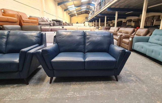 Image 7 of New Fellini blue leather pair of 2 seater sofas