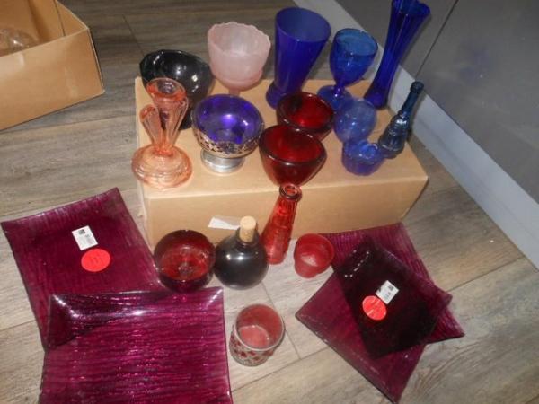 Image 3 of Glassware Coloured Dishes Bottles Candle Holder LOT
