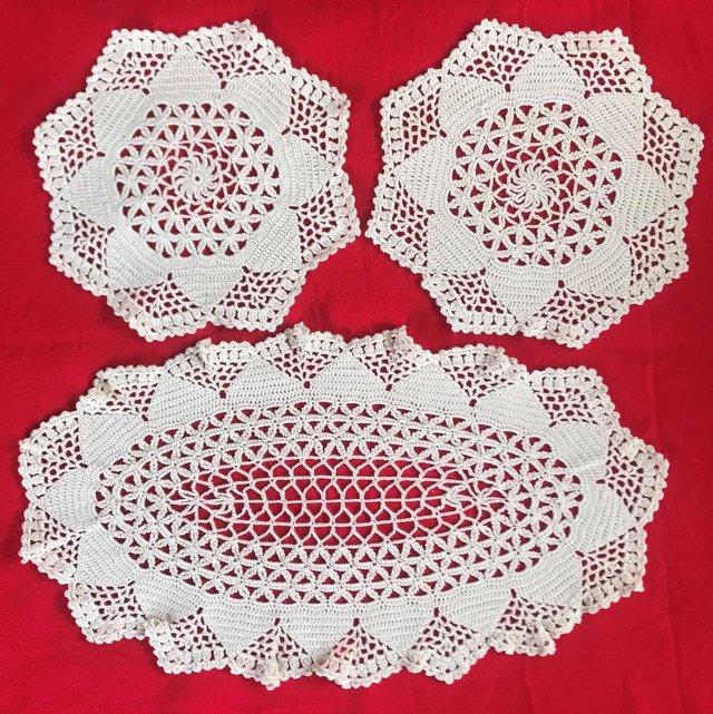 Preview of the first image of 3 vintage cream crochet doilies, set. £6 ovno lot. Can post..