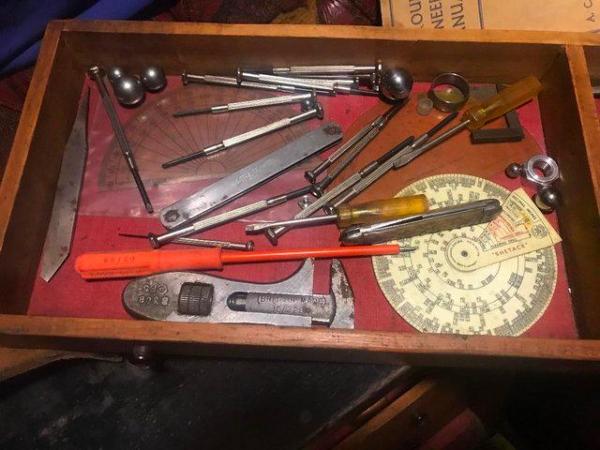 Image 1 of VINTAGE FOUR DRAWER WOODEN TOOL CHEST WITH  SMALL TOOLS
